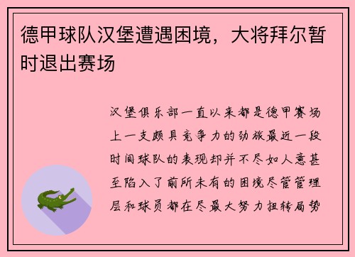 德甲球队汉堡遭遇困境，大将拜尔暂时退出赛场