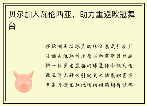 贝尔加入瓦伦西亚，助力重返欧冠舞台